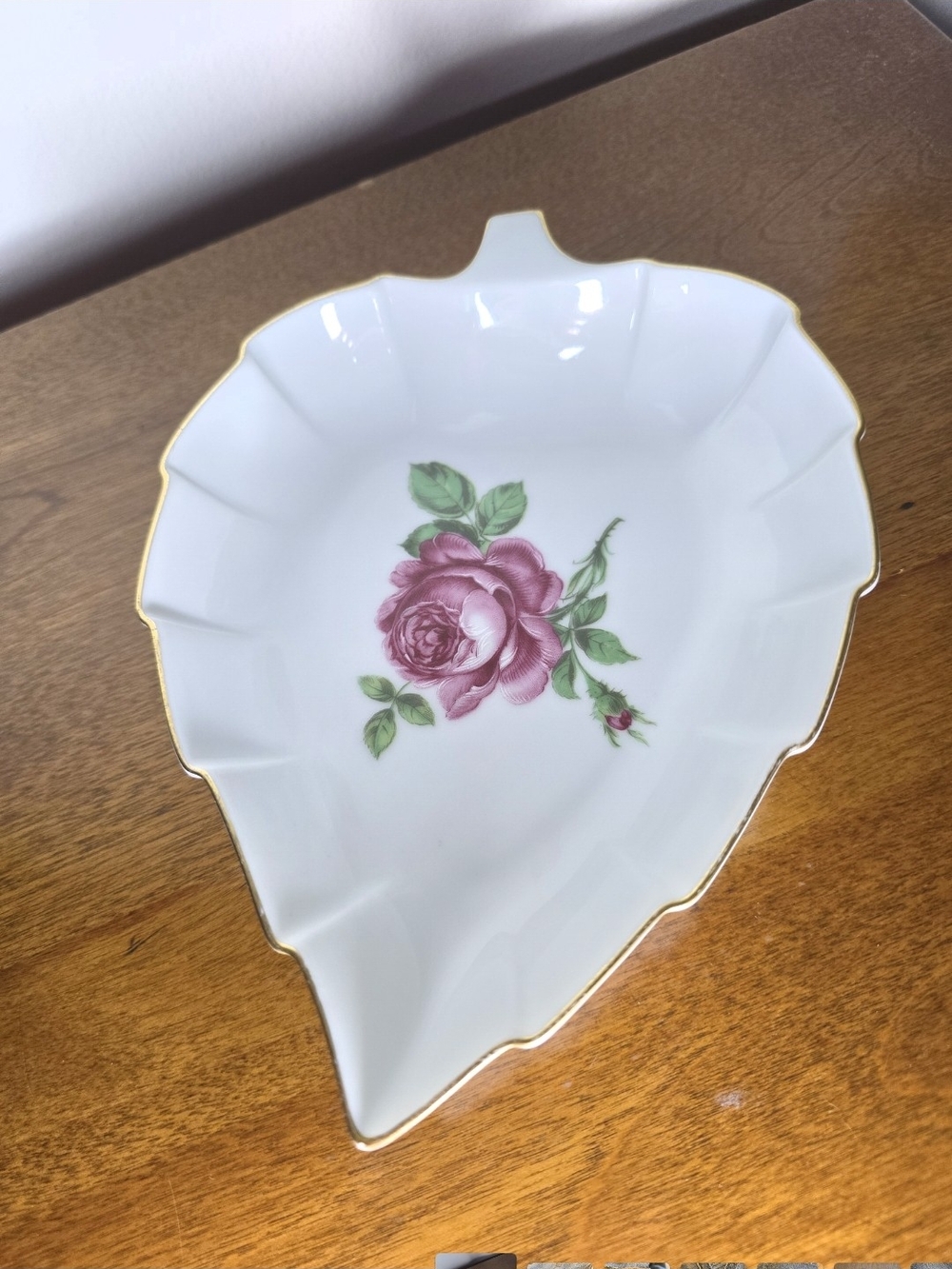 Vintage Porcelain Leaf-Shaped Serving Dish with Pink Rose and Gold Trim